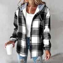Women's Plaid Hooded Flannel Shirt Jacket, Long Sleeve Button Down Casual Lightweight Outerwear for Fall and Winter L