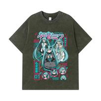 275 GSM Washed T-shirts 100% Cotton Vocaloid V1 Hatsune Miku Print Unisex Heavy Cotton T Shirt S armijos žalia spalva