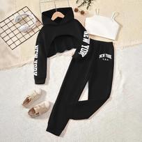 Girls Spring and Autumn Fashion Three-piece Suit Children's Short Sweatshirt Suspender Top Sports Suit 5-6Y juoda