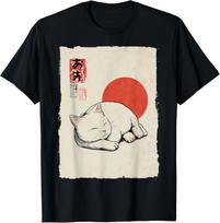 Sleeping White Cat Japanese Ukiyo-e Style Casual T-shirt Women Clothing Fashion Summer Streetwear Graphic T Shirts Personalit... S