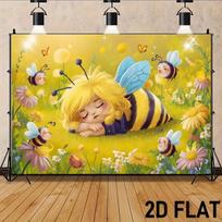 2D Enchanted Garden Backdrop, Sleeping Bee Girl and Colorful Flowers for Party Photoshoot 47.2x31.5inch/120*80cm