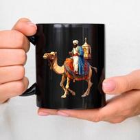 Ceramic mugs, black camel rider, traditional dress and gorgeous saddle, desert adventure theme, coffee and tea set, home office