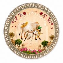 Handcrafted German Silver Pichwai Cow Design Tray 8 Inch | Round Pooja Thali | Decorative Serving Tray