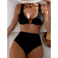 Sexy Two Piece Bikini Women Swimwear Swimsuit Push Up Rings Decor Pleated Patchwork Bikinis Set Beach Bathing Suit S juoda