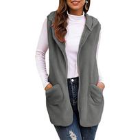 Women's Fashionable Color Hooded Warm Jackets Sleeveless Plush Vest Cardigan Coat With Pockets L