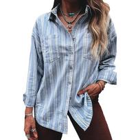 Women's 2025 Winter Striped Denim Jacket - Casual, Versatile, Single-Breasted Design Medium