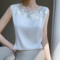 Lace Round Neck Hook-and-loop Patchwork Vest for Women with Suspenders Satin Sleeveless Top Solid Color Versatile Pullover S