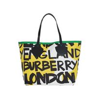 Burberry All-Over Graffiti Print Leather Tote Bag Women handbags Black Yellow White 4075825 Basic Set (Bag+Dust Bag)