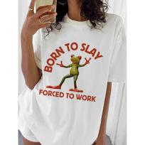 Born To Slay Forced To Work Frog Meme T-shirt Womens Y2k Harajuku Cartoon Cute Print O-neck Short-sleeved Tops Aesthetic Clothes S