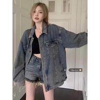 Guochao Women's Retro Washed Denim Jacket - Trendy, Loose Fit, Autumn Style 3XL
