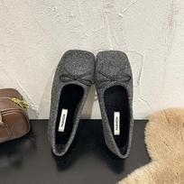 Xiaoxiangfeng square head suede soft-soled cotton single shoes women's 2025 spring and autumn new shallow bow flat Mary Jane shoes 35 pilka spalva