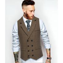 Men's Burgundy Herringbone Double-Breasted Suit Vest Slim Fit Notch Lapel Waistcoat with Pockets S