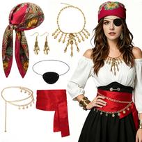 Pirate Cosplay Accessory Set Headscarf Belt Necklace Eye Patch for Halloween Party