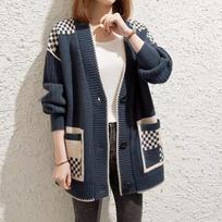 V-neck Long Sleeve Printed Cardigan Knitted Women Long Sweater Jackets Winter Autumn Casual Loose Coats Outwear Elegant Top Clothing One size