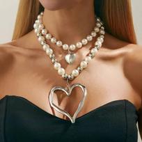 KunJoe 2Pcs/Set Luxury Imitation Pearl Choker Necklace for Women Exaggerated Hollow Big Heart Pendant Necklace Wedding Jewelry