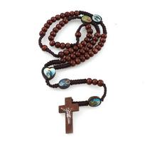 Wooden Beads Cord Rosary St Benedict Medal Jesus Cross Car Pendant Necklace Catholic Fashion Religious Jewelry Auto Decor Black