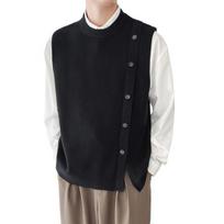 Fall Winter Men Sweater Vest Loose Single-breasted Knitted Elastic Solid Color Casual Soft Cardigan Buttons Sleeveless Round Neck Men Vest XL
