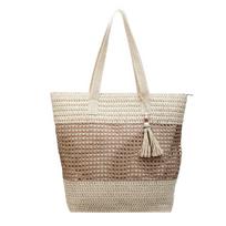 Woven Straw Tote with Tassel Accent and Spacious Interior for Summer Beach or Casual Daily Use balta/chaki