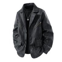Washed Retro Motorcycle Suit Leather Jacket Spring and Autumn Men's Loose Suit Collar Leather Jacket Zipper Jacket L