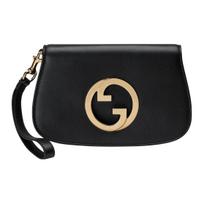 Gucci Blondie Leather Clutch Bag Black Gold Interlocking G Wristlet Pouch 698630-UXX0G-1000 Basic Set (Bag+Dust Bag)