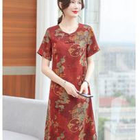 Women's Elegant Red Frog Button Short Sleeve Cheongsam Style Dress XL