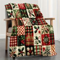 Kalėdinė dėlionės stiliaus pledas iš flanelinio audinio su šventiniais snaigės, holly uogomis ir languotais blokais svetainei atsipalaiduoti 75cmx90cm black