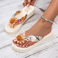 Summer Flip Flops for Women, Bohemian Silk Fabric Slip-On Sandals, Casual Beach Wedge Sandals for Women 38 geltona/juoda