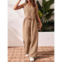 European and American Linen Summer V-neck Vest and Trousers Set - Casual Commuting Style, Front-button Design M