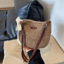 Ladies Fashion Summer Straw Crossbody Bag Women Beach Holiday Shopping Woven Shoulder Handbag Purses AVE 29x6x23cm chaki