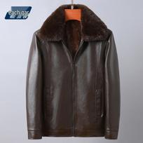 Men's Winter Warm Leather Jacket - Detachable Fur/Turn-Down Collar, Fleece Lined for Middle-Aged and Elderly Business Wear. 56