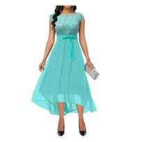 Evening Dress Round Neck Hollow Out Lace V-shaped Back Belted Tight Waist Hidden S žalia