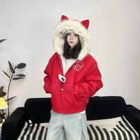 2026 Red Hooded Fleece-Lined Cotton Jacket with Fur Collar for Girls, Parent-Child Wear - Sweet, Warm, and Thickened for Winter S