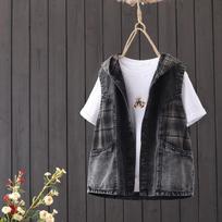 Ethnic Style Plus Size Denim Vest Autumn Casual Womens Outerwear with Frog Buttons M