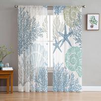 Mediterranean Lighthouse Starfish Netting Curtains For Living Room Bedroom Kitchen Decoration Chiffon Sheer Sheer Fabric Window Drapes W135 x H115cm x1&Rod Pocket