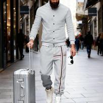 Mens Casual Striped Detail Button Up Track Jacket Joggers Tracksuit Set S