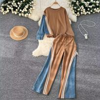 Autumn Spring Casual Sports Suits Women O-Neck Basic Tops+Drawstring Long Pants Denim Splice Korean Style Sporty 2pcs Sets One Size chaki