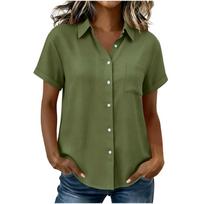 Women's Casual Short Sleeve Button Down Shirt Relaxed Fit Lightweight Blouse with Collar and Front Pocket for Everyday Wear L armijos žalia spalva
