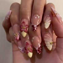 24pcs 3D Floral Almond Rhinestone Nail Tips - Removable Manicure Stickers