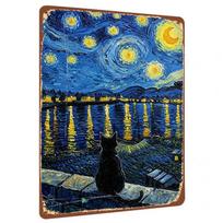 Van Gogh Starry Night Black Cat Overlooking Lake Reflection Decorative Metal Wall Art 20X30CM gray