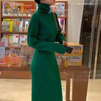 Long-Sleeve High Neck Knit Dress with Wide Leg, Korean Style Inner Dress for Women Autumn Winter One Size žalia