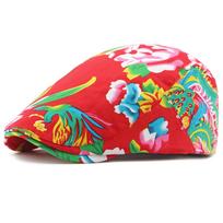 HT4390 Beret for Men Women Chinese Floral Printed Beret Cap Male Female Vintage Artist Painter Beret Hat Adjustable Flat Cap Men 55-59cm Adjustable raudona