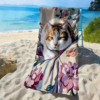 Lazy cat with colorful floral pattern polyester microfiber beach towel is highly absorbent, suitable swimming and beach outings W40*H60(CM)