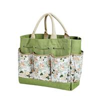 Garden Tool Tote Bag with Multiple Exterior Pockets Floral Print Canvas Organizer for Home and Outdoor Use Handheld Storage Bag One Size žalia