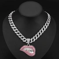 Cuban Chain Rhinestone Crooked Lips Trendy Two-Tone Hip Hop Jewelry for Men and Women sidabras