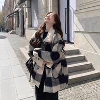 Black and White Plaid Woolen Women's Jacket Winter Quilted Liner Thickened Woolen Coat Small Mid-length S