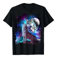 Cosmic Galaxy Wolf Pack Howling At Moon Graphic T-Shirt Breathable Cotton Tee S juoda