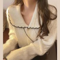 Autumn and winter solid color loose lazy wind knitted cardigan top women's sweet doll collar sweater jacket splicing one size fits all