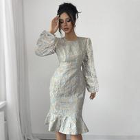 Spausdinta suknelė, žibintų rankovės, žuvies uodegos siluetas, apvali apykaklė, elegantiška ir liekninanti ilga suknelė S mėlyna