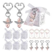 144 Piecces Angel Keychain with Baptism Favor Boxes Kraft Paper Alloy Keys Rings Pendant Wedding Favor Gift for Bag rožinė