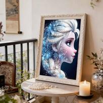 Disney Frozen Elsa Side Profile Pearl Inlaid Frameless Art | Sparkling Snowflake & Gradient Gown | Luxury Wall Decor for Teen Girl Room & Hallway 35x45cm gray
